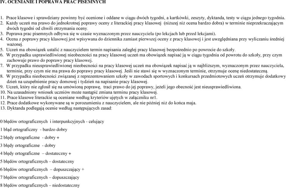 Poprawa prac pisemnych odbywa się w czasie wyznaczonym przez nauczyciela (po lekcjach lub przed lekcjami). 4.