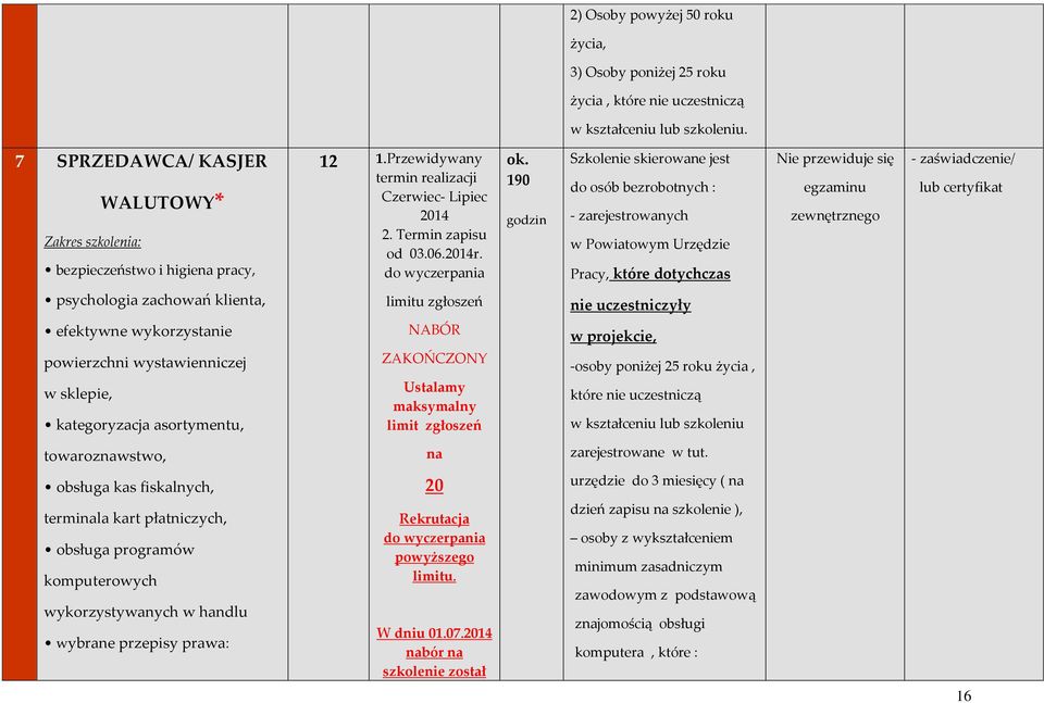 190 godzin Szkolenie skierowane jest do osób bezrobotnych : - zarejestrowanych w Powiatowym Urzędzie Pracy, które dotychczas Nie przewiduje się egzaminu zewnętrznego - zaświadczenie/ lub certyfikat