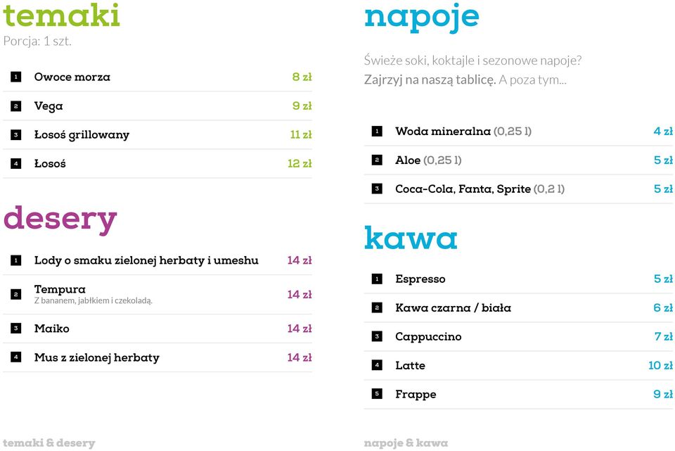 .. Vega Łosoś grillowany zł Woda mineralna (0, l) zł Łosoś zł Aloe (0, l) zł Coca-Cola, Fanta, Sprite (0, l) zł