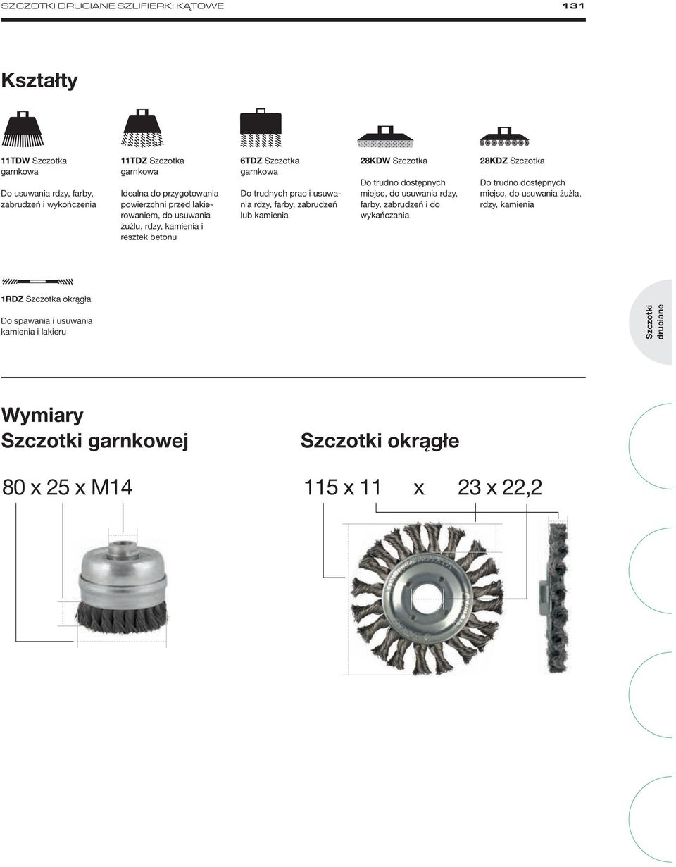 farby, zabrudzeń lub kamienia 28KDW Szczotka Do trudno dostępnych miejsc, do usuwania rdzy, farby, zabrudzeń i do wykańczania 28KDZ Szczotka Do trudno