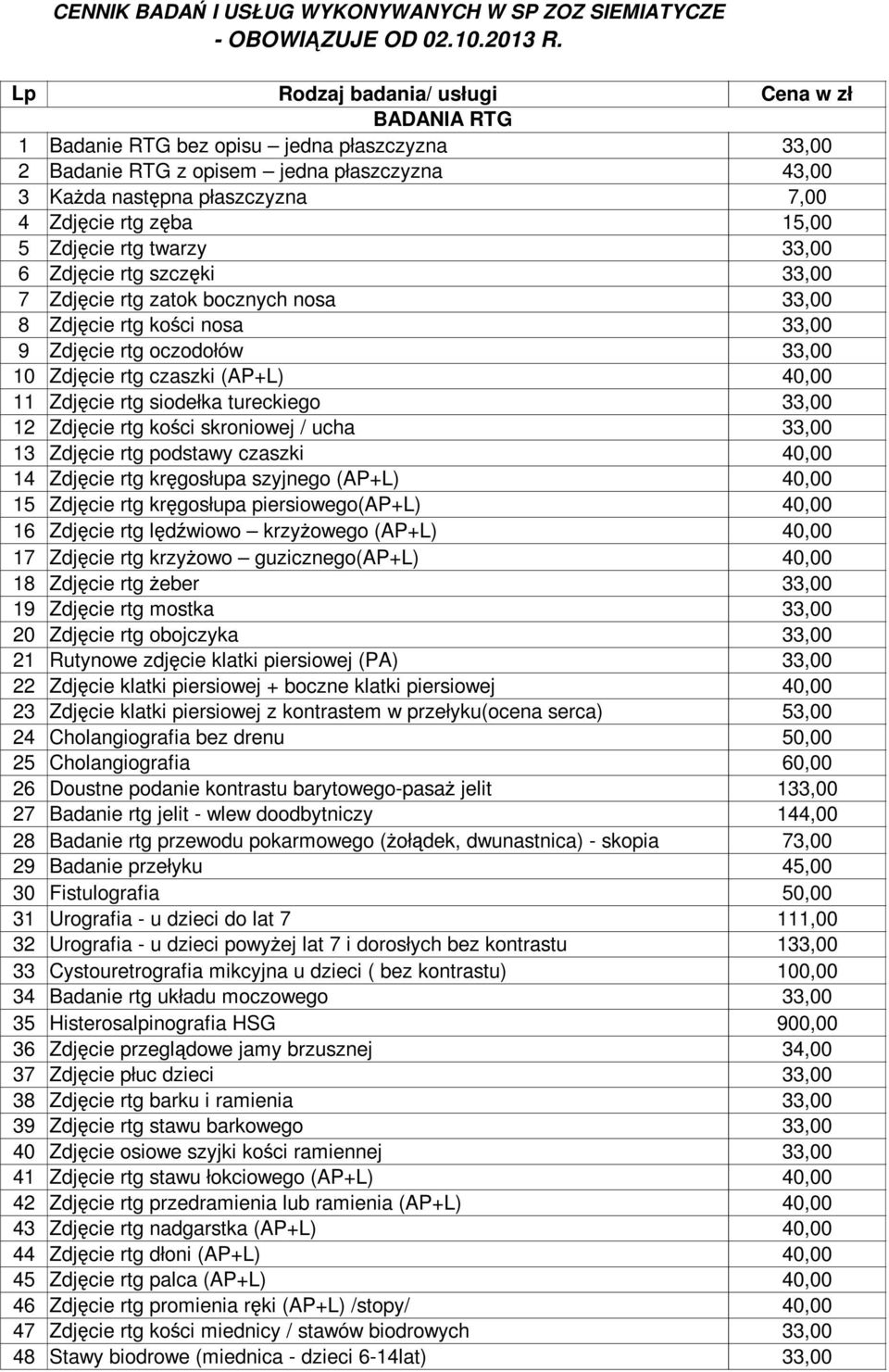 15,00 5 Zdjęcie rtg twarzy 33,00 6 Zdjęcie rtg szczęki 33,00 7 Zdjęcie rtg zatok bocznych nosa 33,00 8 Zdjęcie rtg kości nosa 33,00 9 Zdjęcie rtg oczodołów 33,00 10 Zdjęcie rtg czaszki (AP+L) 40,00