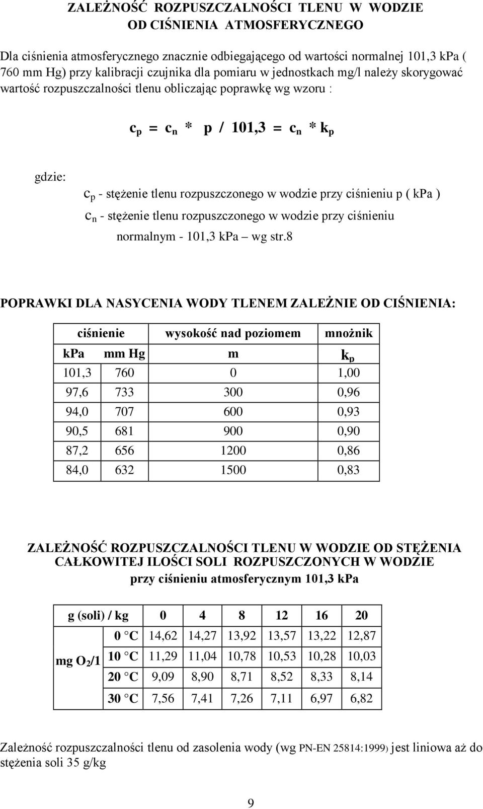 ciśnieniu p ( kpa ) c n - stęŝenie tlenu rozpuszczonego w wodzie przy ciśnieniu normalnym - 101,3 kpa wg str.