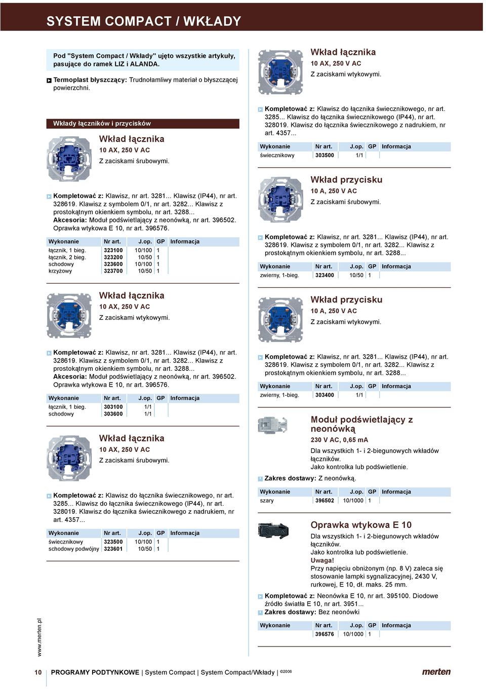 Wkłady łączników i przycisków Wkład łącznika 10 AX, 250 V AC Z zaciskami śrubowymi. Kompletować z: Klawisz, nr art. 3281... Klawisz (IP44), nr art. 328619. Klawisz z symbolem 0/1, nr art. 3282.