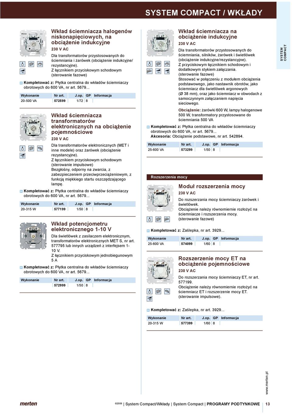 .. 20-500 VA 572599 1/72 8 Wkład ściemniacza transformatorów elektronicznych na obciążenie pojemnościowe 230 V AC Dla transformatorów elektronicznych (MET i inne modele) oraz żarówek (obciążenie