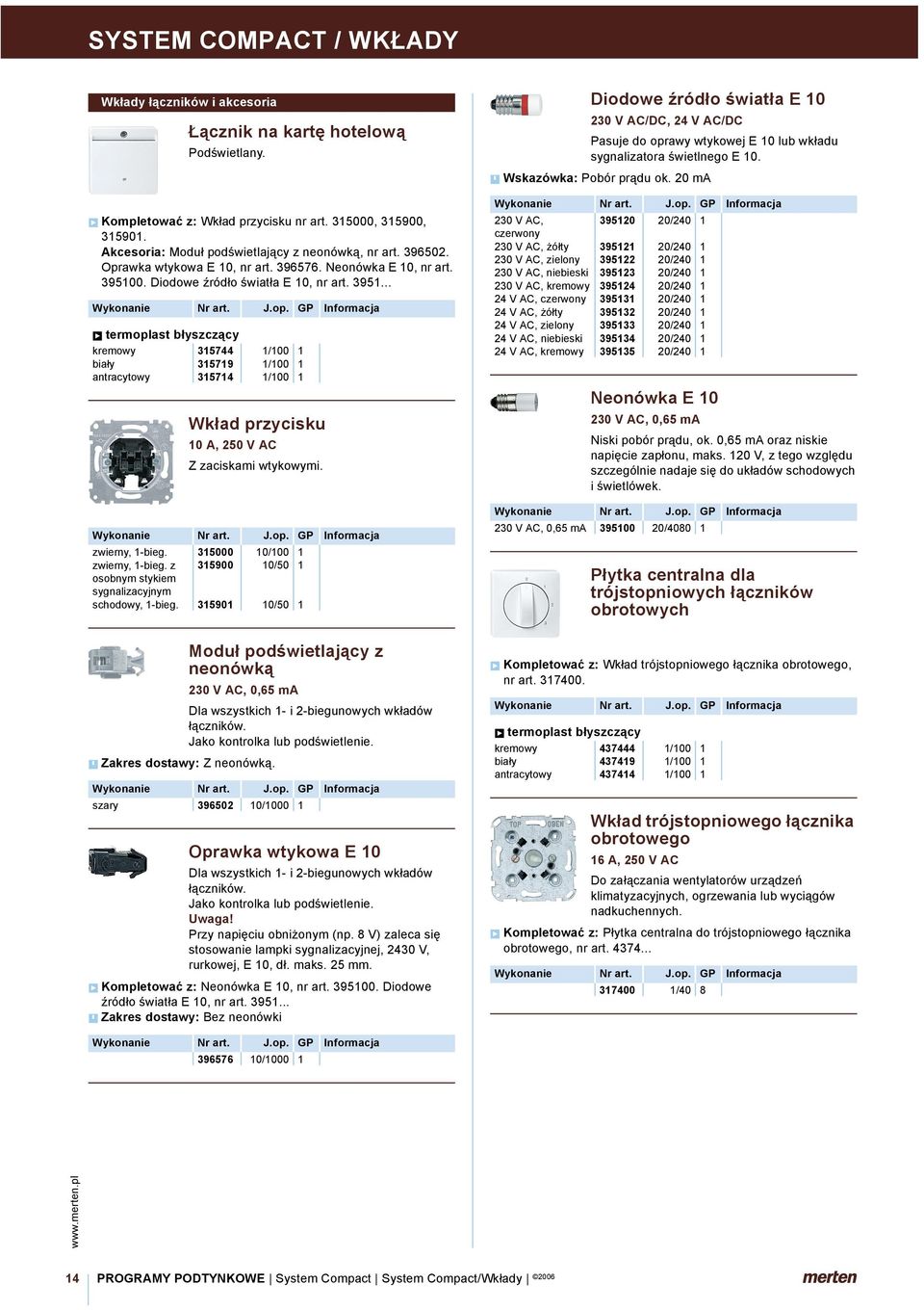 0. Diodowe źródło światła E 10, nr art. 3951... kremowy 315744 1/100 1 biały 315719 1/100 1 antracytowy 315714 1/100 1 Wkład przycisku 10 A, 250 V AC Z zaciskami wtykowymi. zwierny, 1-bieg.