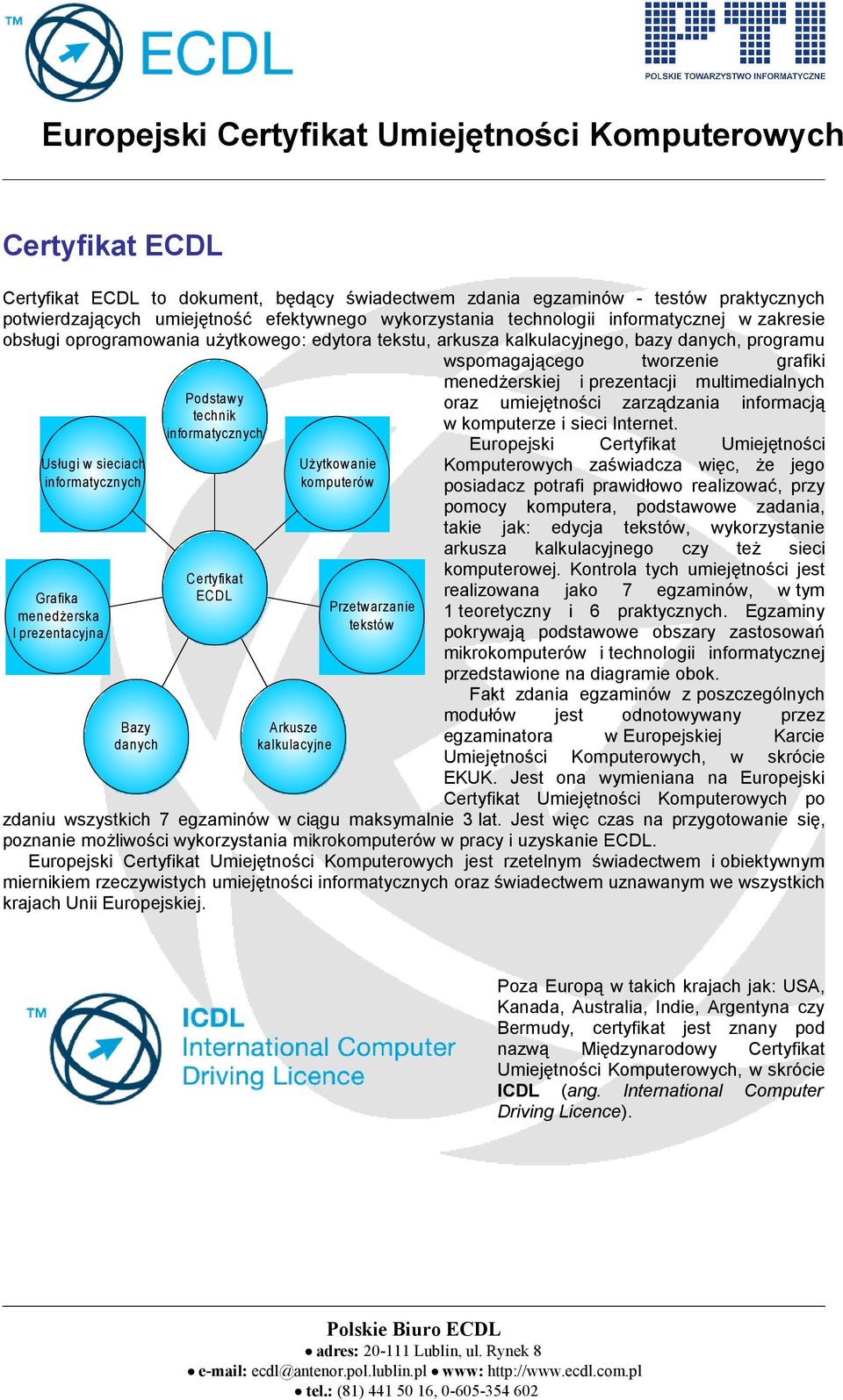 Bazy danych Podstawy technik informatycznych Certyfikat ECDL Arkusze kalkulacyjne Użytkowanie komputerów Przetwarzanie tekstów menedżerskiej i prezentacji multimedialnych oraz umiejętności