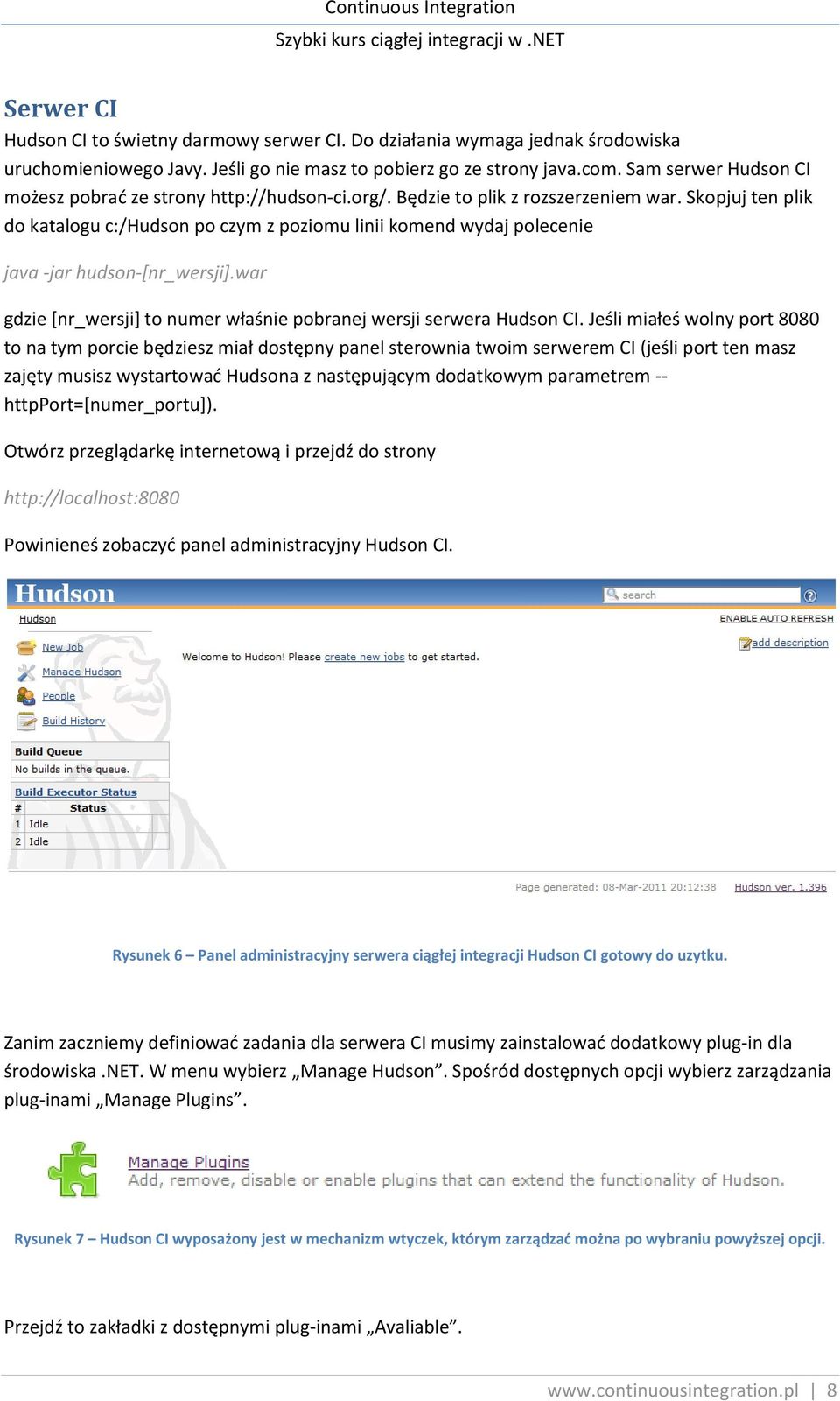 Skopjuj ten plik do katalogu c:/hudson po czym z poziomu linii komend wydaj polecenie java -jar hudson-[nr_wersji].war gdzie *nr_wersji+ to numer właśnie pobranej wersji serwera Hudson CI.