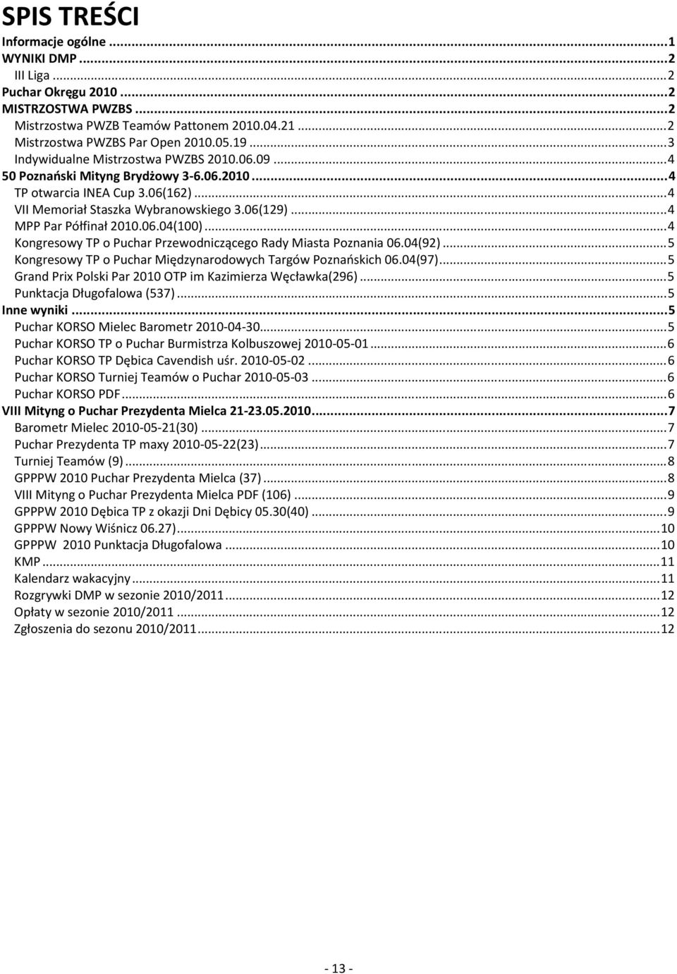 06.04(00)... 4 Kongresowy TP o Puchar Przewodniczącego Rady Miasta Poznania 06.04(92)... 5 Kongresowy TP o Puchar Międzynarodowych Targów Poznańskich 06.04(97).