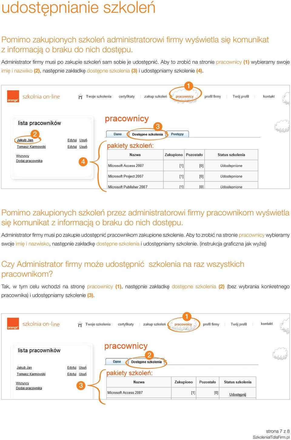 Aby to zrobić na stronie pracownicy () wybieramy swoje imię i nazwiko (), następnie zakładkę dostępne szkolenia (3) i udostępniamy szkolenie (4).