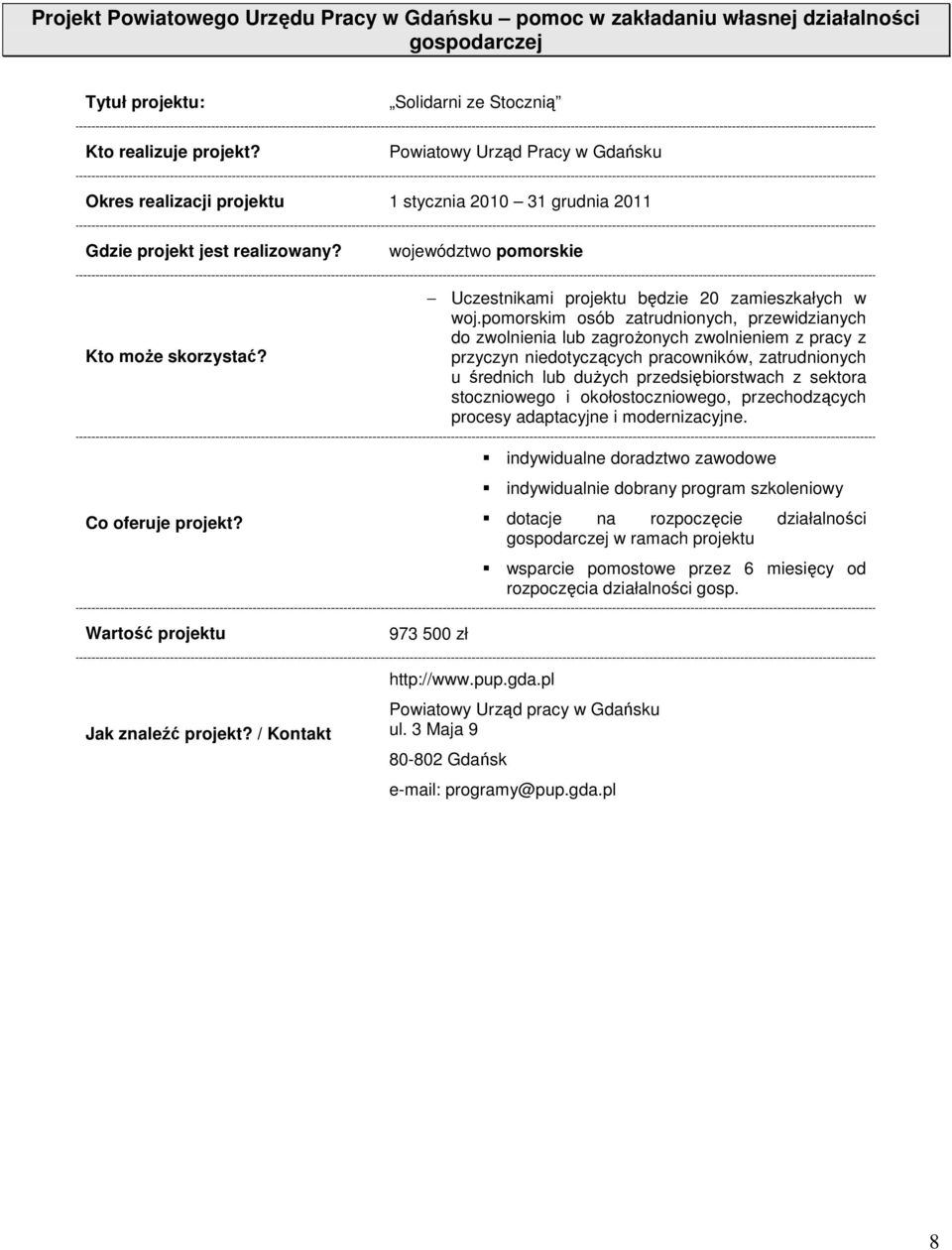 pomorskim osób zatrudnionych, przewidzianych do zwolnienia lub zagroŝonych zwolnieniem z pracy z przyczyn niedotyczących pracowników, zatrudnionych u średnich lub duŝych przedsiębiorstwach z sektora