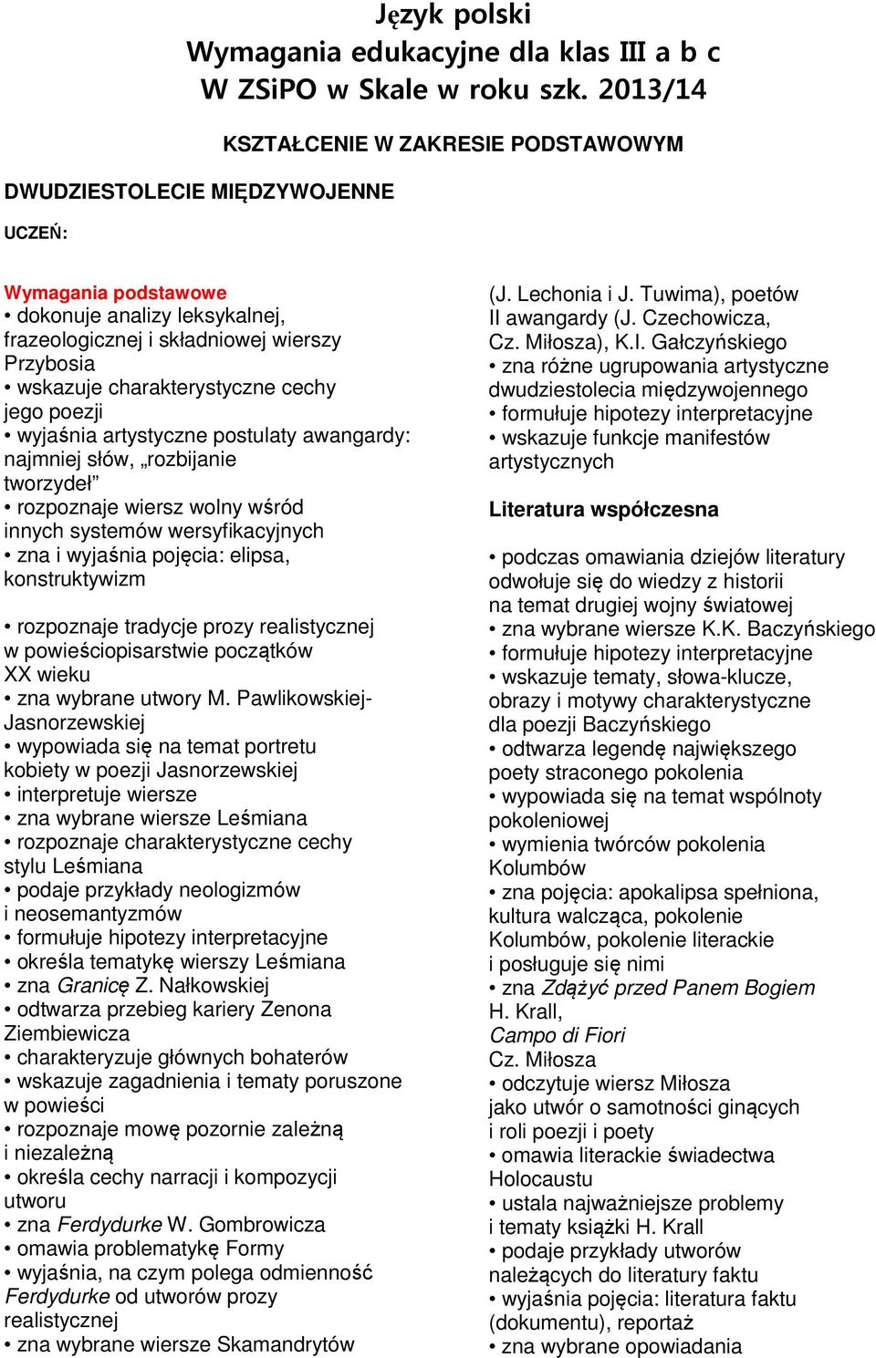 charakterystyczne cechy jego poezji wyjaśnia artystyczne postulaty awangardy: najmniej słów, rozbijanie tworzydeł rozpoznaje wiersz wolny wśród innych systemów wersyfikacyjnych zna i wyjaśnia
