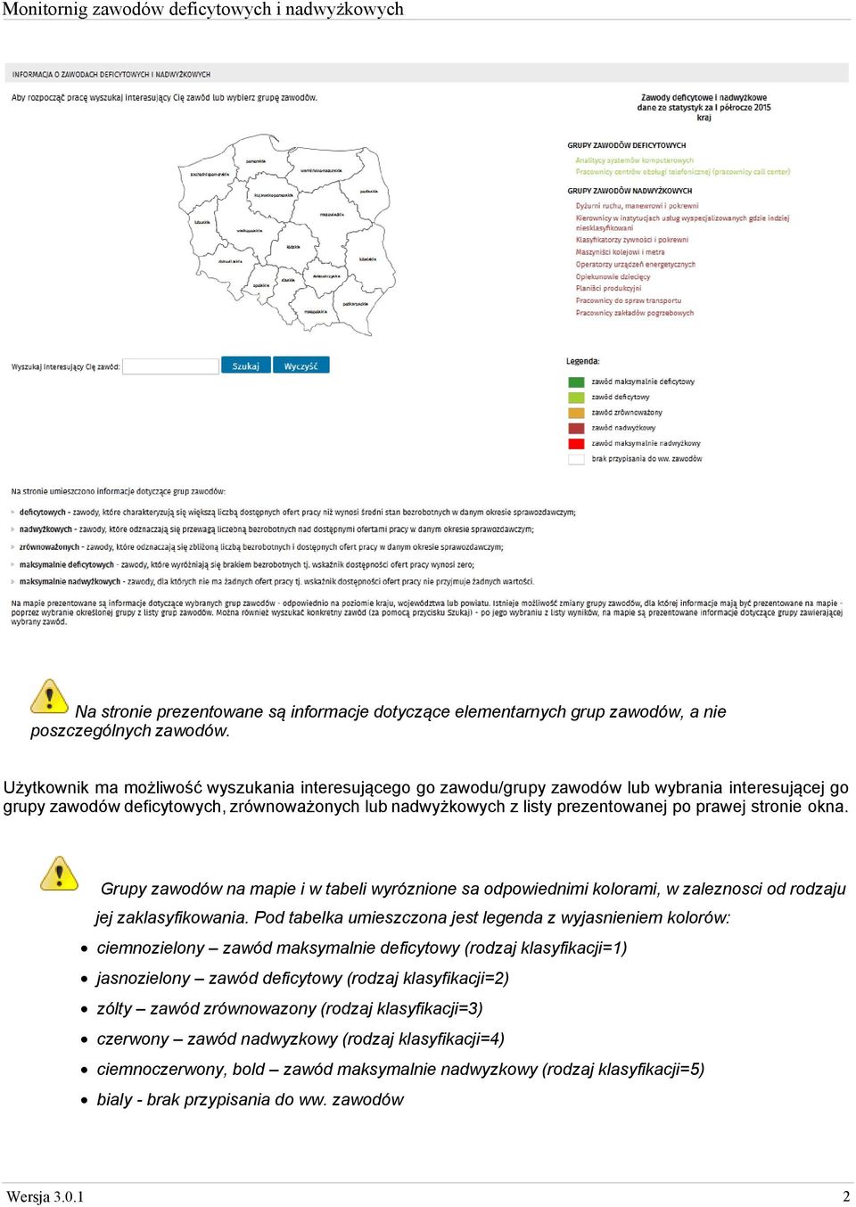 stronie okna. Grupy zawodów na mapie i w tabeli wyróznione sa odpowiednimi kolorami, w zaleznosci od rodzaju jej zaklasyfikowania.