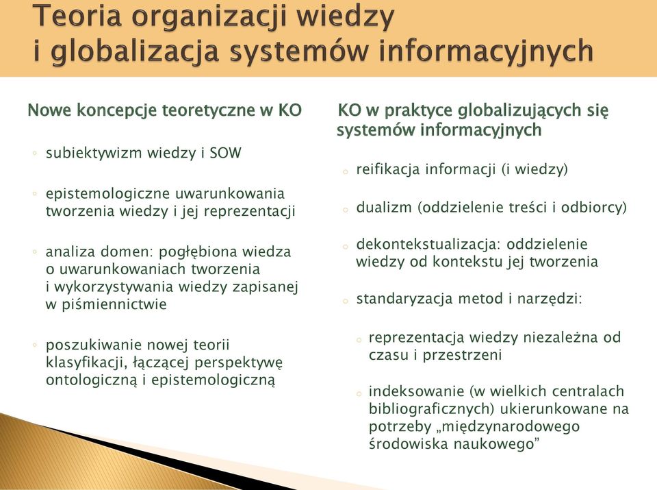 piśmiennictwie poszukiwanie nowej teorii klasyfikacji, łączącej perspektywę ontologiczną i epistemologiczną o o dekontekstualizacja: oddzielenie wiedzy od kontekstu jej tworzenia