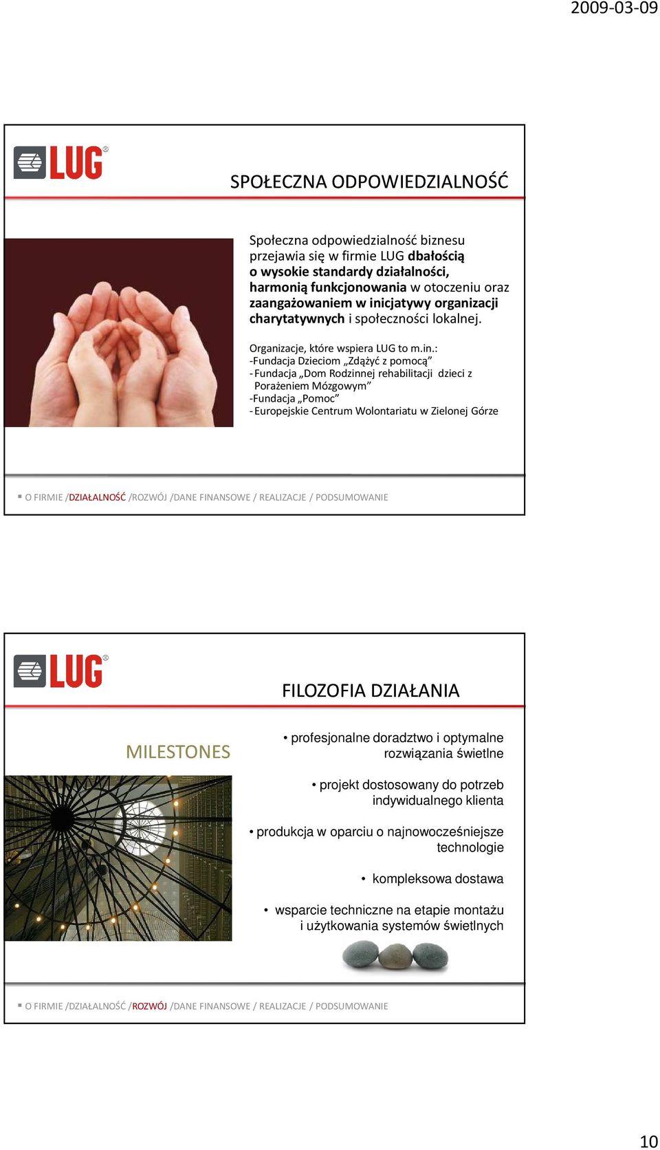 Porażeniem Mózgowym -Fundacja Pomoc - Europejskie Centrum Wolontariatu w Zielonej Górze FILOZOFIA DZIAŁANIA MILESTONES profesjonalne doradztwo i optymalne rozwiązania świetlne projekt