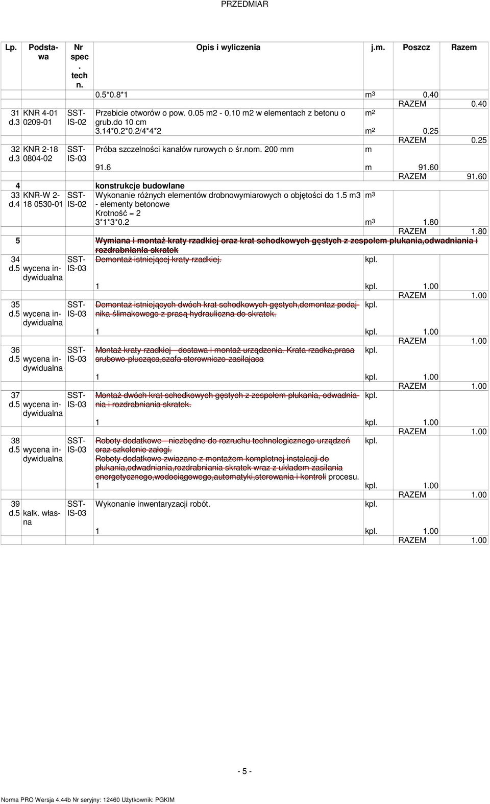 objętości do 15 3 - eleenty betonowe Krotność = 2 3*1*3*02 180 RAZEM 180 5 Wyiana i ontaŝ kraty rzadkiej oraz krat schodkowych gęstych z zespołe płukania,odwadniania i rozdrabniania skratek 34 35 36