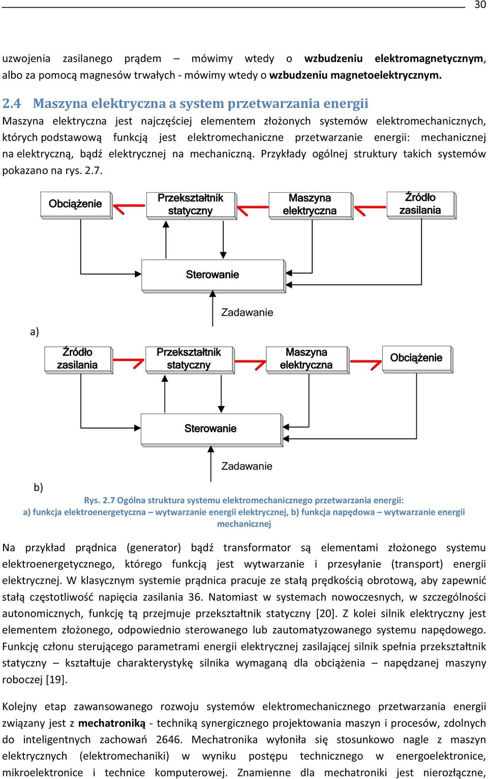 przetwarzanie energii: mechanicznej na elektryczną, bądź elektrycznej na mechaniczną. Przykłady ogólnej struktury takich systemów pokazano na rys. 2.7.