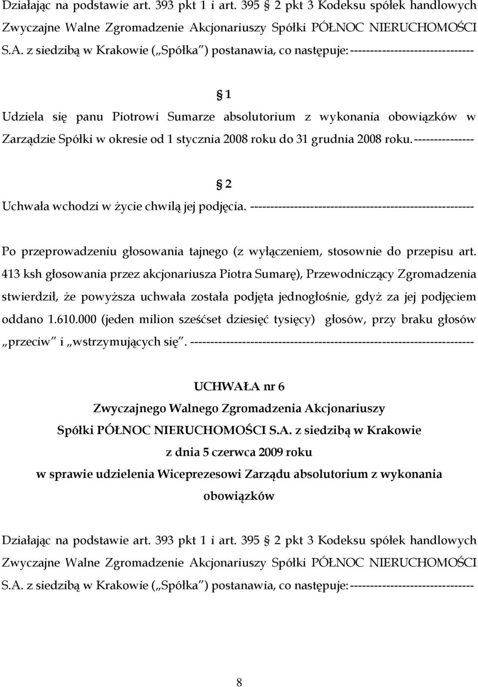 z siedzibą w Krakowie ( Spółka ) postanawia, co następuje: ------------------------------- Udziela się panu Piotrowi Sumarze absolutorium z wykonania obowiązków w Zarządzie Spółki w okresie od 1