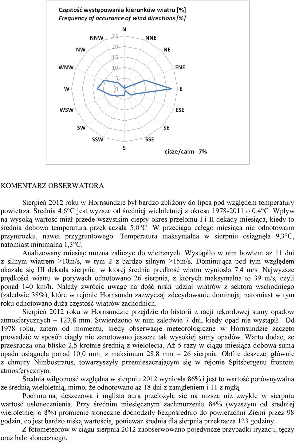 W przeciągu całego miesiąca nie odnotowano przymrozku, nawet przygruntowego. Temperatura maksymalna w sierpniu osiągnęła 9,3 C, natomiast minimalna 1,3 C.