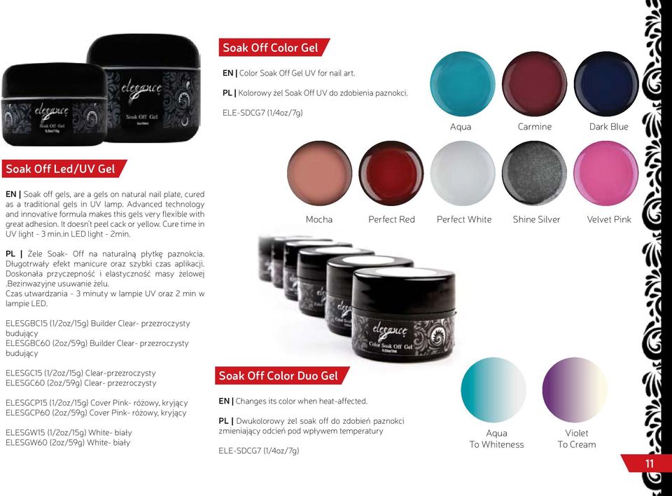 Advanced technology and innovative formula makes this gels very flexible with great adhesion. It doesn t peel cack or yellow. Cure time in UV light - 3 min.in LED light - 2min.