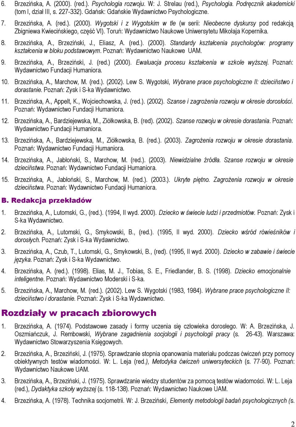 Brzezińska, A., Brzeziński, J., Eliasz, A. (red.). (2000). Standardy kształcenia psychologów: programy kształcenia w bloku podstawowym. Poznań: Wydawnictwo Naukowe UAM. 9. Brzezińska, A.