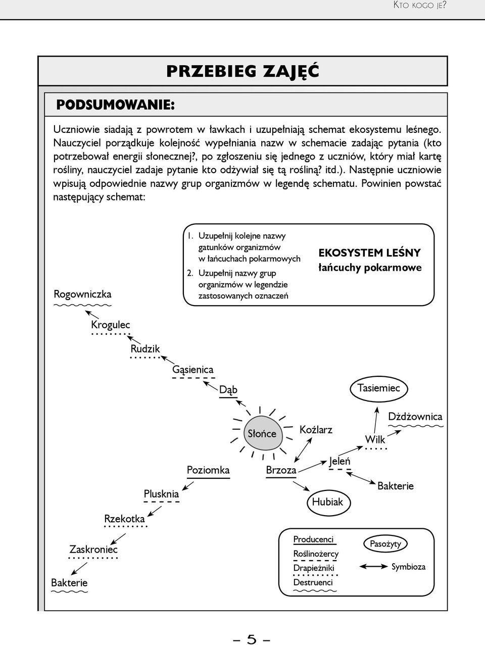 , po zgłoszeniu się jednego z uczniów, który miał kartę rośliny, nauczyciel zadaje pytanie kto odżywiał się tą rośliną? itd.).