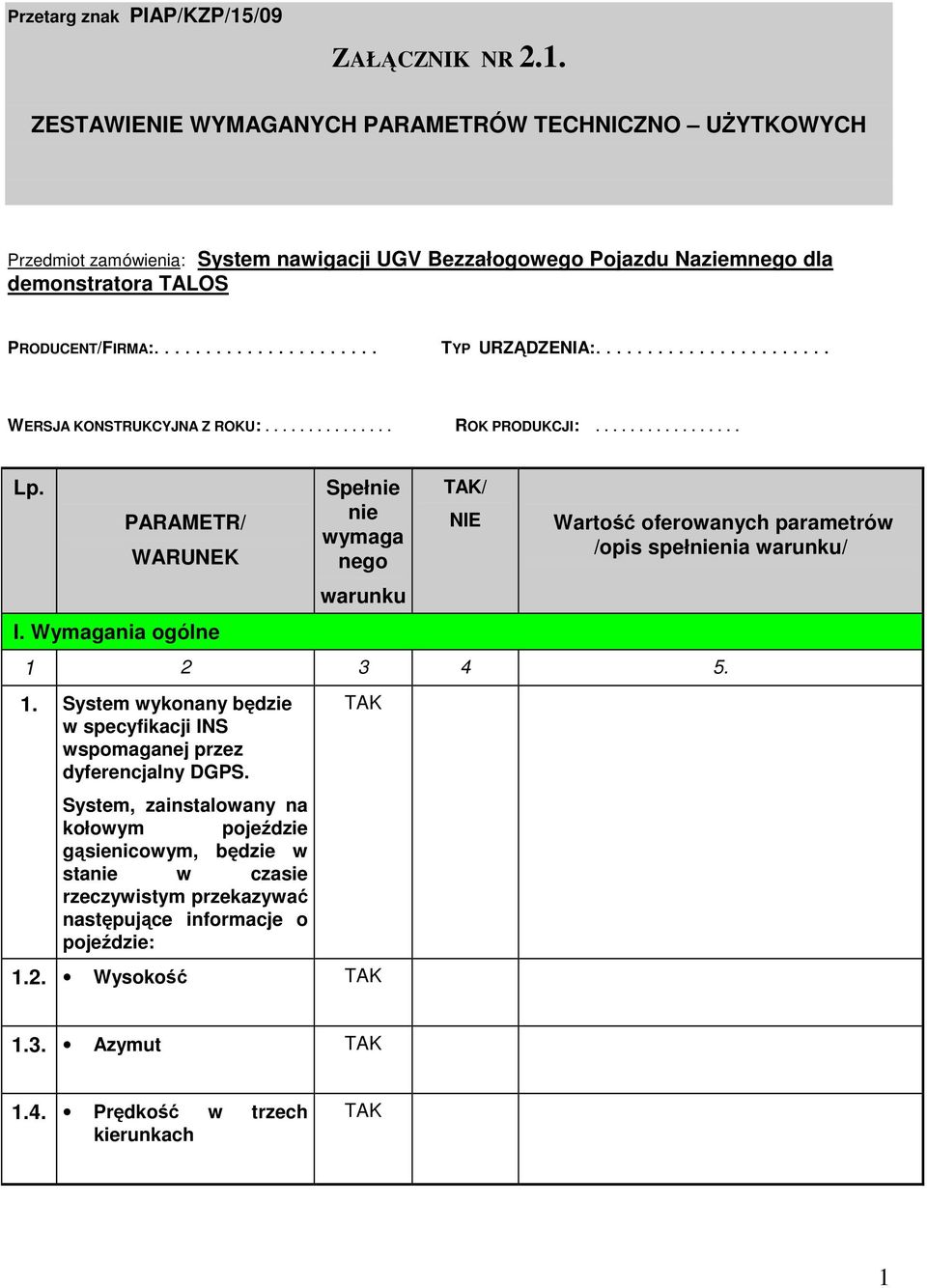 ..................... TYP URZĄDZENIA:....................... WERSJA KONSTRUKCYJNA Z ROKU:............... ROK PRODUKCJI:................. Lp. PARAMETR/ WARUNEK I.