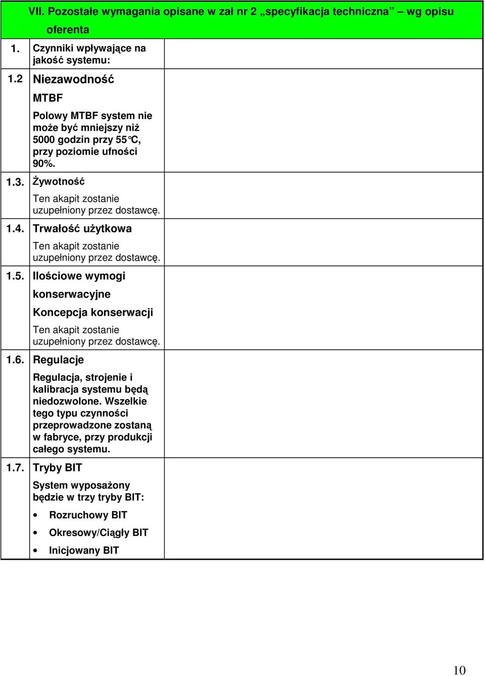 Trwałość użytkowa Ten akapit zostanie uzupełniony przez dostawcę. 1.5. Ilościowe wymogi konserwacyjne Koncepcja konserwacji Ten akapit zostanie uzupełniony przez dostawcę. 1.6.