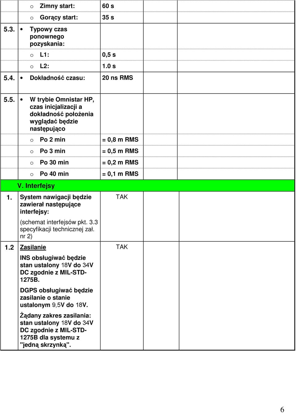 2 Zasilanie INS obsługiwać będzie stan ustalony 18V do 34V DC zgodnie z MIL-STD- 1275B. DGPS obsługiwać będzie zasilanie o stanie ustalonym 9,5V do 18V.