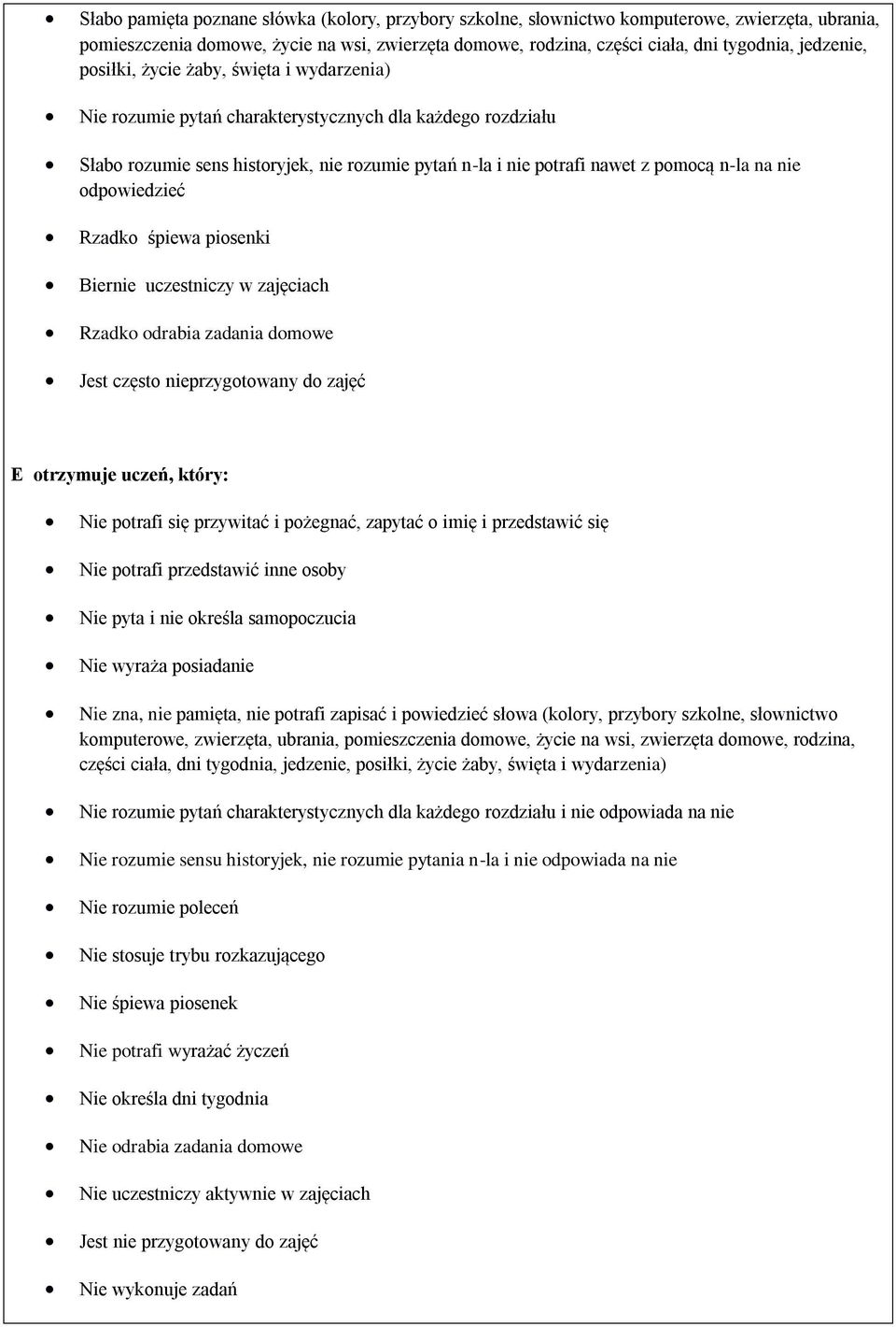 na nie odpowiedzieć Rzadko śpiewa piosenki Biernie uczestniczy w zajęciach Rzadko odrabia zadania domowe Jest często nieprzygotowany do zajęć E otrzymuje uczeń, który: Nie potrafi się przywitać i