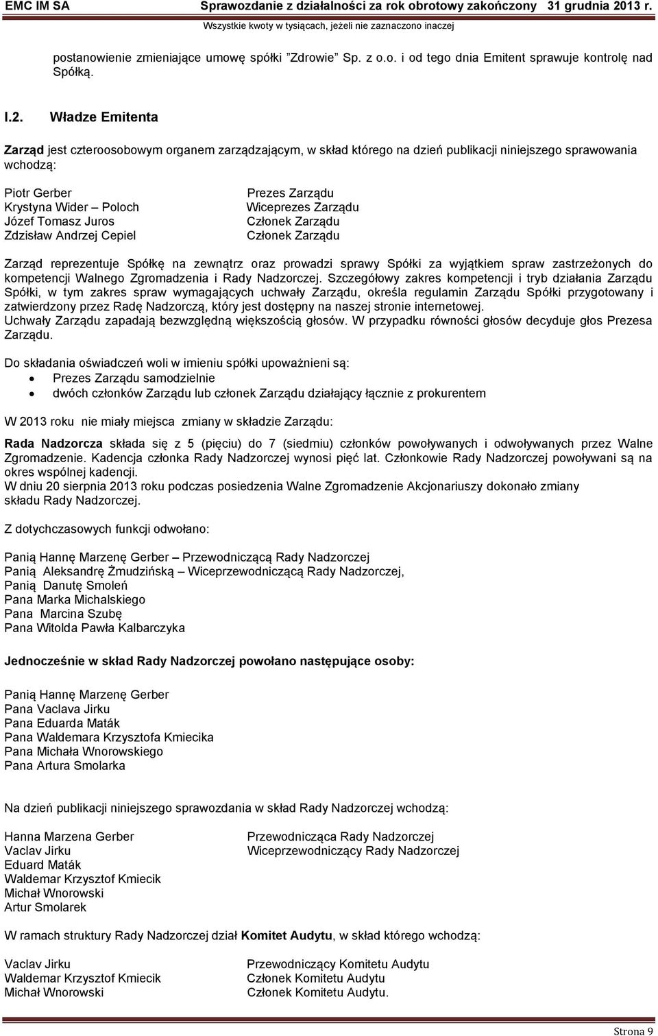 Andrzej Cepiel Prezes Zarządu Wiceprezes Zarządu Członek Zarządu Członek Zarządu Zarząd reprezentuje Spółkę na zewnątrz oraz prowadzi sprawy Spółki za wyjątkiem spraw zastrzeżonych do kompetencji