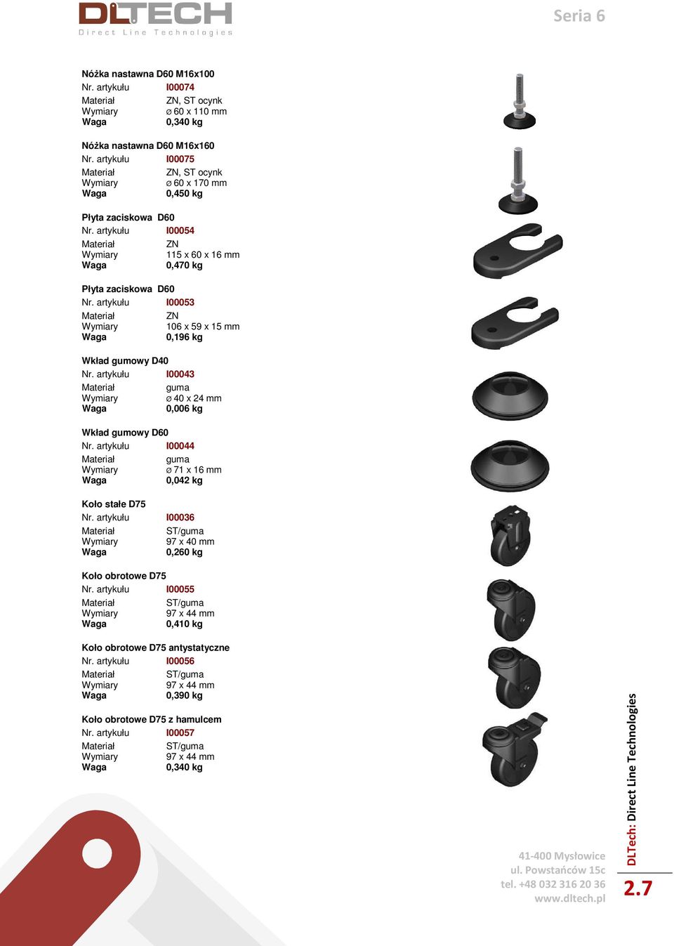 0,006 kg Wkład gumowy D60 I00044 guma Ø 71 x 16 mm 0,042 kg Koło stałe D75 I00036 ST/guma 97 x 40 mm 0,260 kg Koło obrotowe D75 I00055 ST/guma 97 x