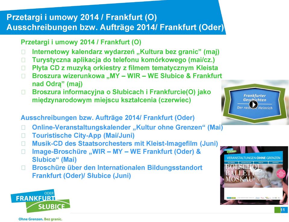 ) Płyta CD z muzyką orkiestry z filmem tematycznym Kleista Broszura wizerunkowa MY WIR WE Słubice & Frankfurt nad Odrą (maj) Broszura informacyjna o Słubicach i Frankfurcie(O) jako międzynarodowym