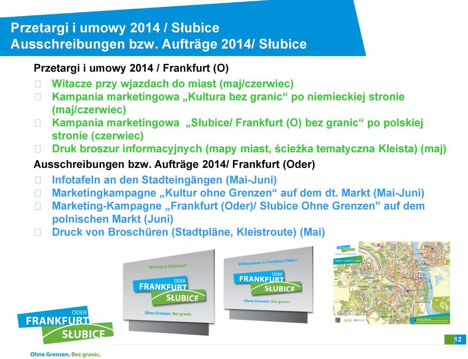 (maj/czerwiec) Kampania marketingowa Słubice/ Frankfurt (O) bez granic po polskiej stronie (czerwiec) Druk broszur informacyjnych (mapy miast, ścieżka tematyczna Kleista) (maj)
