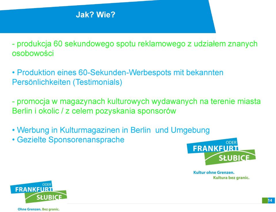 eines 60-Sekunden-Werbespots mit bekannten Persönlichkeiten (Testimonials) - promocja w