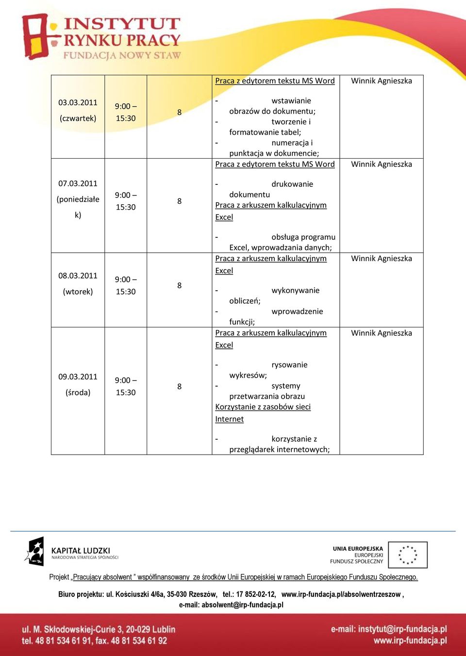 03.2011 (wtorek) - obsługa programu Excel, wprowadzania danych; Praca z arkuszem kalkulacyjnym Excel - wykonywanie obliczeo; - wprowadzenie funkcji; Praca z arkuszem kalkulacyjnym