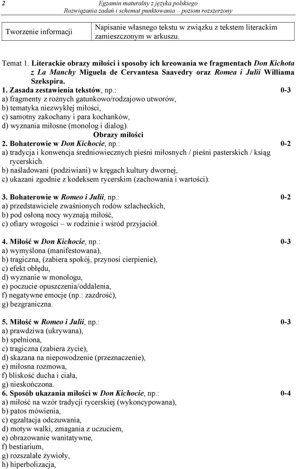 : 0-3 a) fragmenty z rożnych gatunkowo/rodzajowo utworów, b) tematyka niezwykłej miłości, c) samotny zakochany i para kochanków, d) wyznania miłosne (monolog i dialog). Obrazy miłości 2.