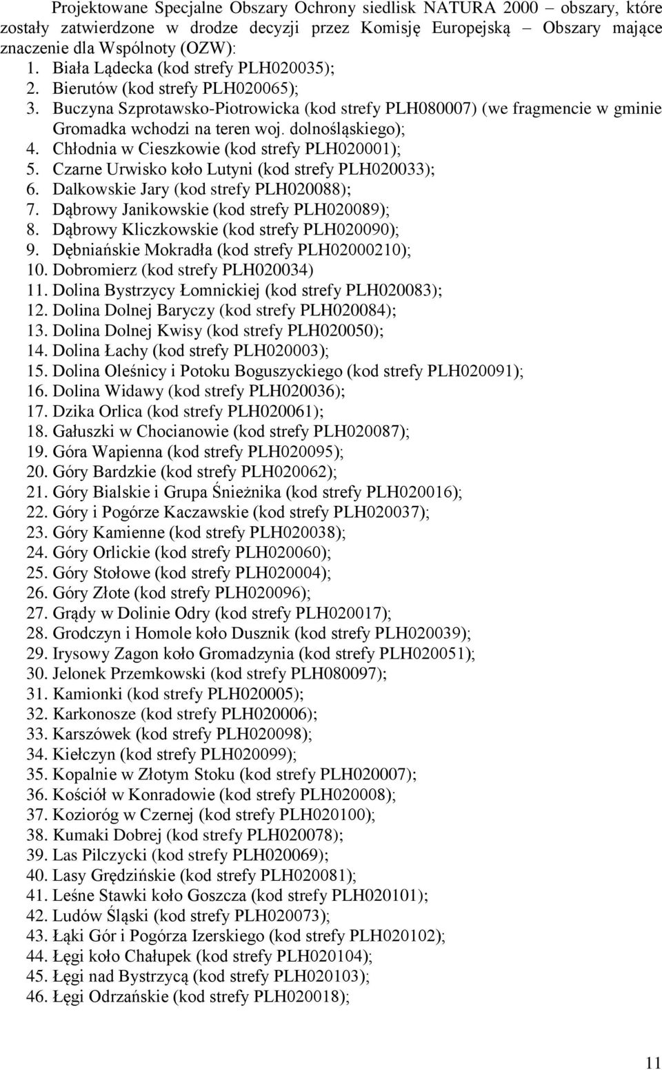 dolnośląskiego); 4. Chłodnia w Cieszkowie (kod strefy PLH020001); 5. Czarne Urwisko koło Lutyni (kod strefy PLH020033); 6. Dalkowskie Jary (kod strefy PLH020088); 7.