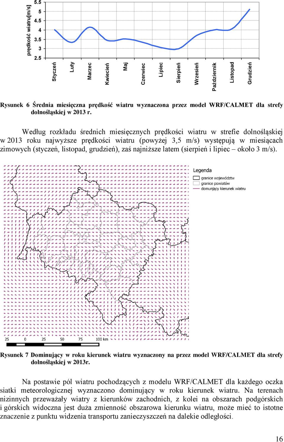 Według rozkładu średnich miesięcznych prędkości wiatru w strefie dolnośląskiej w 2013 roku najwyższe prędkości wiatru (powyżej 3,5 m/s) występują w miesiącach zimowych (styczeń, listopad, grudzień),