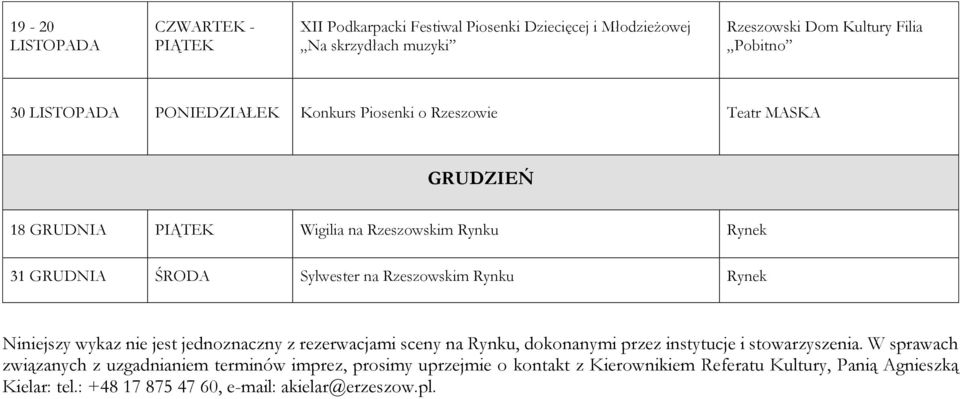 Niniejszy wykaz nie jest jednoznaczny z rezerwacjami sceny na Rynku, dokonanymi przez instytucje i stowarzyszenia.