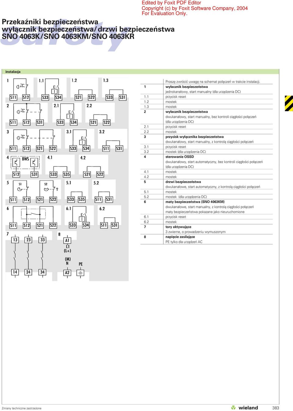 wyłacznik bezpieczeństwa jednokanałowy, start manualny (dla urządzenia DC) wyłacznik bezpieczeństwa dwukanałowy, start manualny, bez kontroli ciągłości połączeń (dla urządzenia DC) przycisk