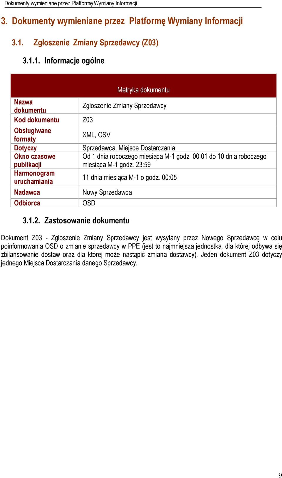 1. Informacje ogólne Nazwa dokumentu Kod dokumentu Obsługiwane formaty Dotyczy Okno czasowe publikacji Harmonogram uruchamiania Nadawca Odbiorca Metryka dokumentu Zgłoszenie Zmiany Sprzedawcy Z03