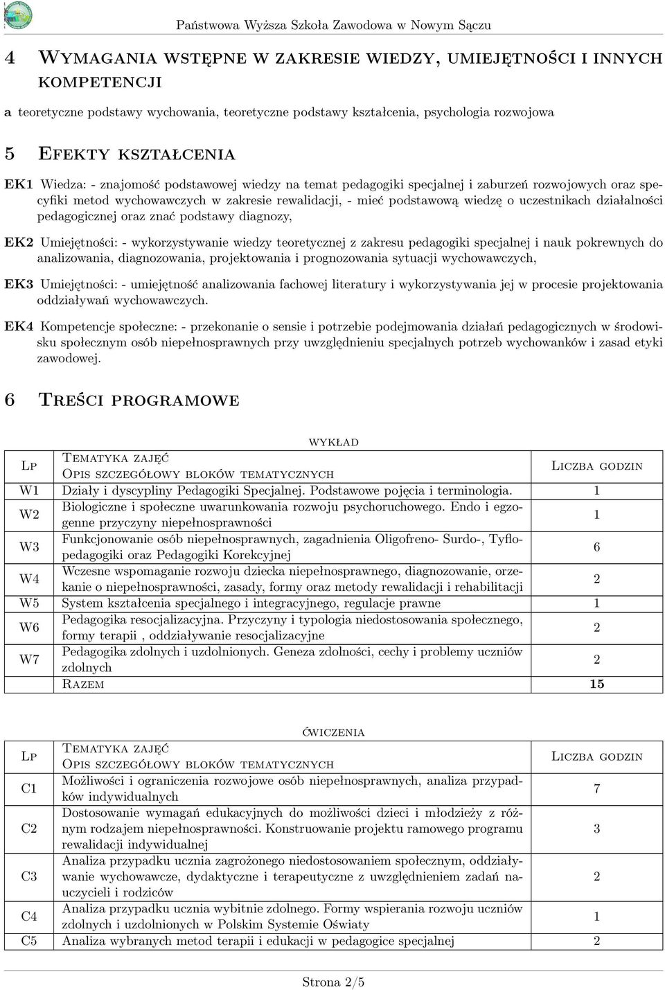 pedagogicznej oraz znać podstawy diagnozy, EK Umiejętności: - wykorzystywanie wiedzy teoretycznej z zakresu pedagogiki specjalnej i nauk pokrewnych do analizowania, diagnozowania, projektowania i