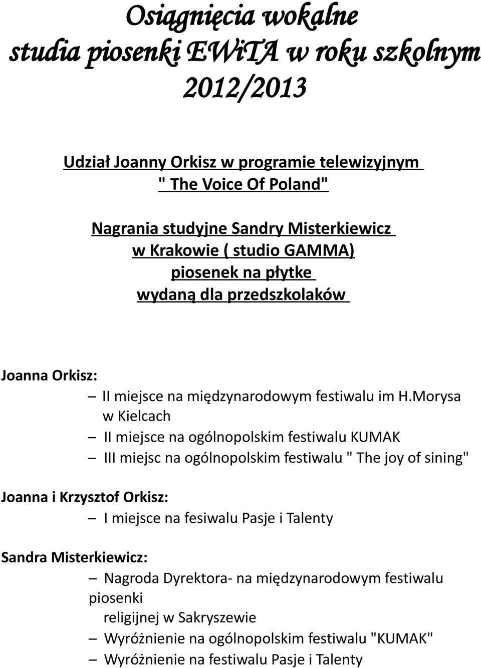 Morysa w Kielcach II miejsce na ogólnopolskim festiwalu KUMAK III miejsc na ogólnopolskim festiwalu " The joy of sining" Joanna i Krzysztof Orkisz: I miejsce na fesiwalu