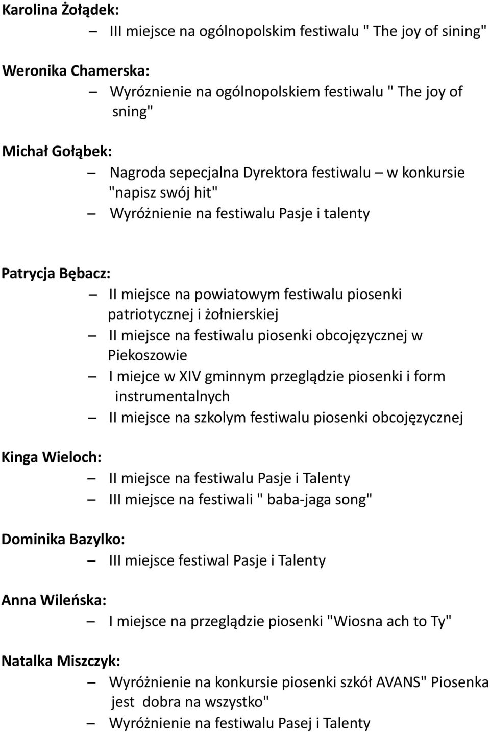 festiwalu piosenki obcojęzycznej w Piekoszowie I miejce w XIV gminnym przeglądzie piosenki i form instrumentalnych II miejsce na szkolym festiwalu piosenki obcojęzycznej Kinga Wieloch: II miejsce na