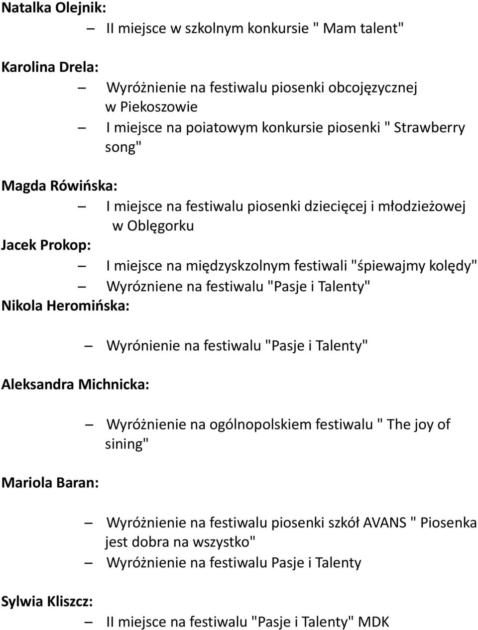 na festiwalu "Pasje i Talenty" Nikola Heromińska: Aleksandra Michnicka: Mariola Baran: Wyrónienie na festiwalu "Pasje i Talenty" Wyróżnienie na ogólnopolskiem festiwalu " The joy of