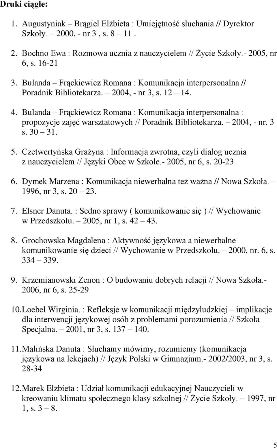 Bulanda Frąckiewicz Romana : Komunikacja interpersonalna : propozycje zajęć warsztatowych // Poradnik Bibliotekarza. 2004, - nr. 3 s. 30 31. 5.