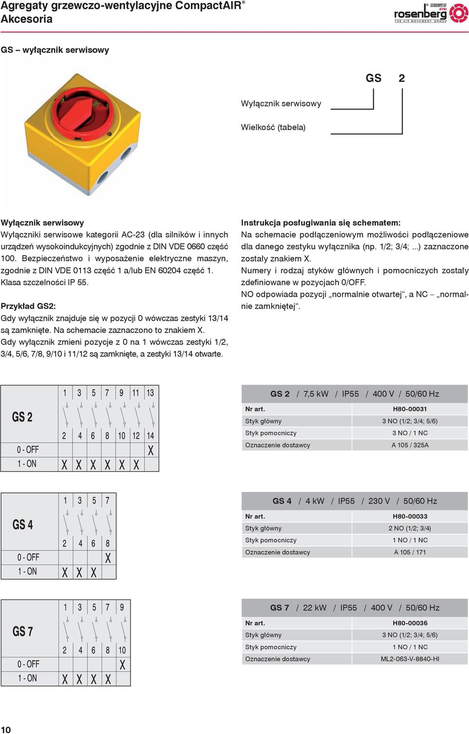 Przykład GS2: Gdy wyłącznik znajduje się w pozycji wówczas zestyki 13/14 są zamknięte. Na schemacie zaznaczono to znakiem X.