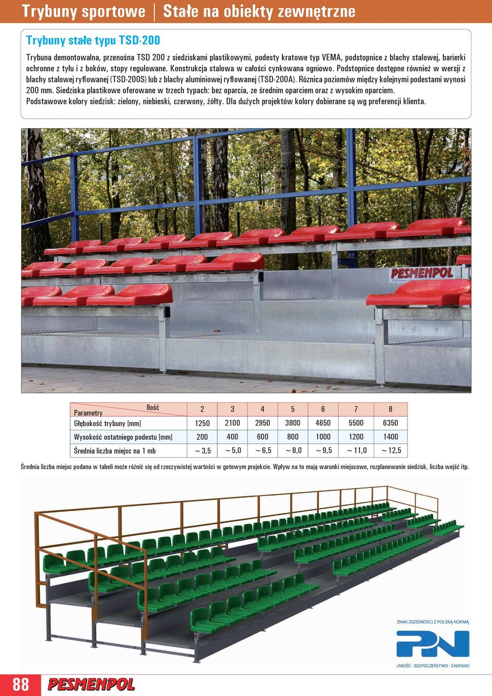 Podstopnice dostępne również w wersji z blachy stalowej ryflowanej (TSD-200S) lub z blachy aluminiowej ryflowanej (TSD-200A). Róznica poziomów między kolejnymi podestami wynosi 200 mm.