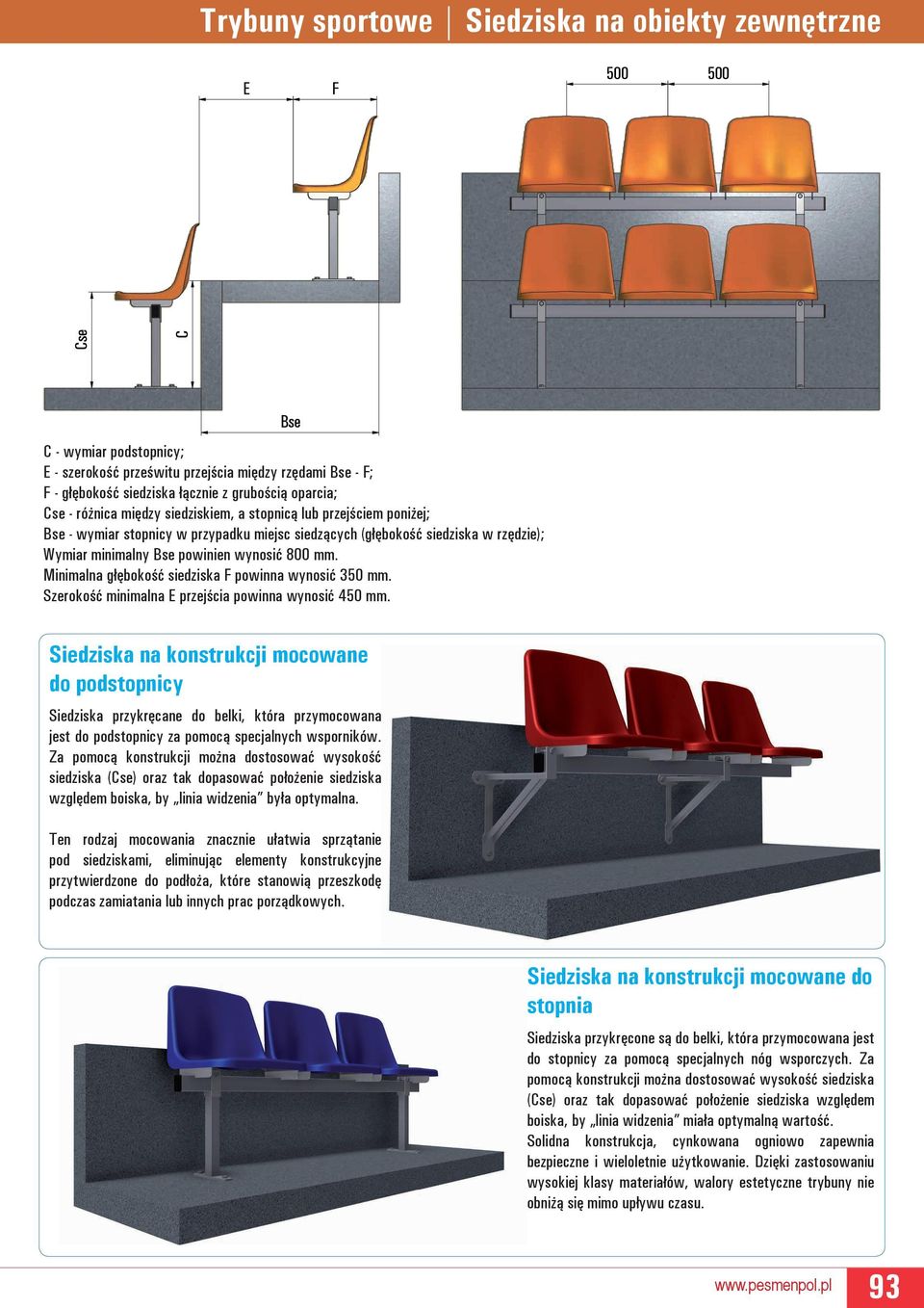 wynosić 800 mm. Minimalna głębokość siedziska F powinna wynosić 350 mm. Szerokość minimalna E przejścia powinna wynosić 450 mm.