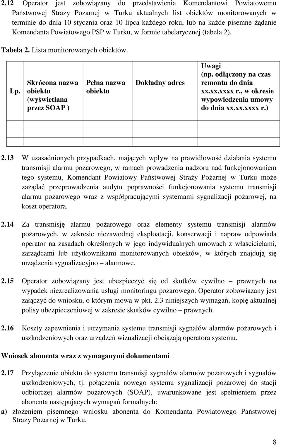 Skrócona nazwa obiektu (wyświetlana przez SOAP ) Pełna nazwa obiektu Dokładny adres Uwagi (np. odłączony na czas remontu do dnia xx.xx.xxxx r., w okresie wypowiedzenia umowy do dnia xx.xx.xxxx r.) 2.